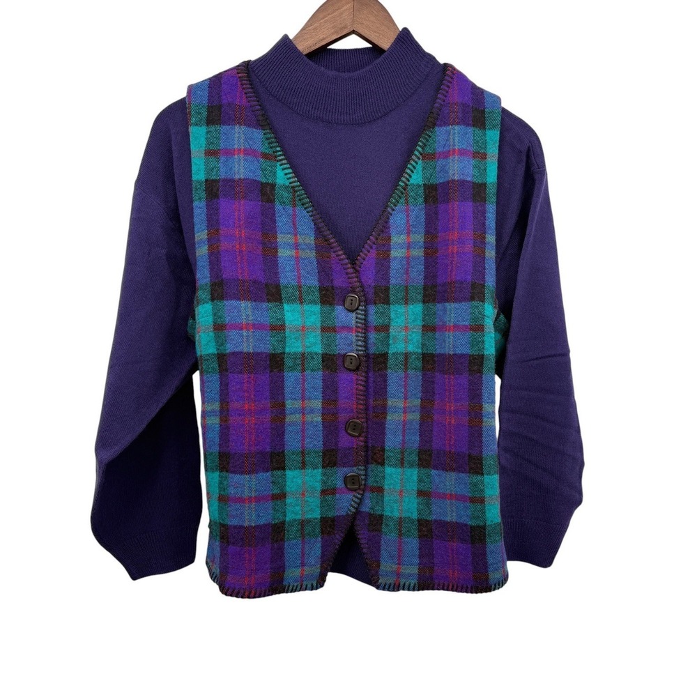 VTG 90s Plaid Vest & Purple Mock Neck Sweater Set Sz S Joan Walters Lucia Petite